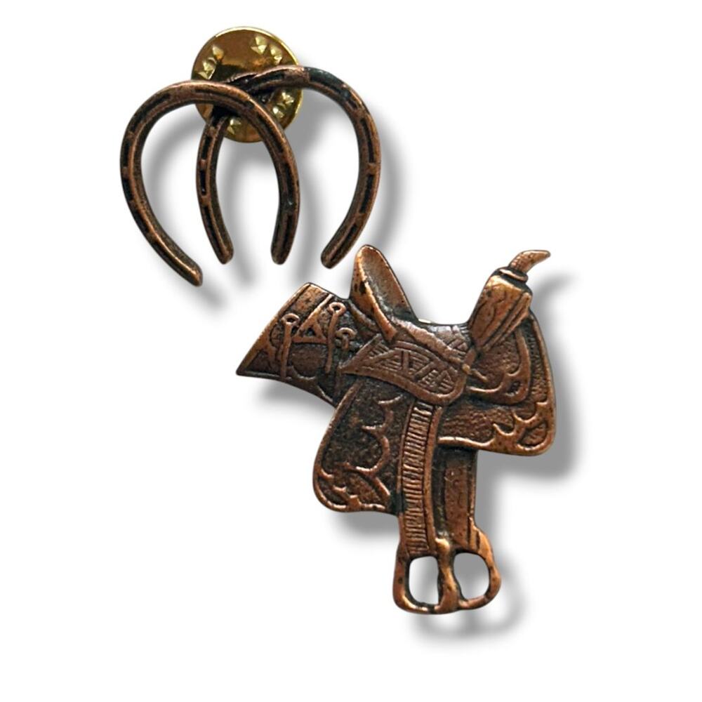 2 Equestrian Theme Lapel Pins Copper Color Horseshoes 1" Saddle 1.6" - Picture 5 of 5